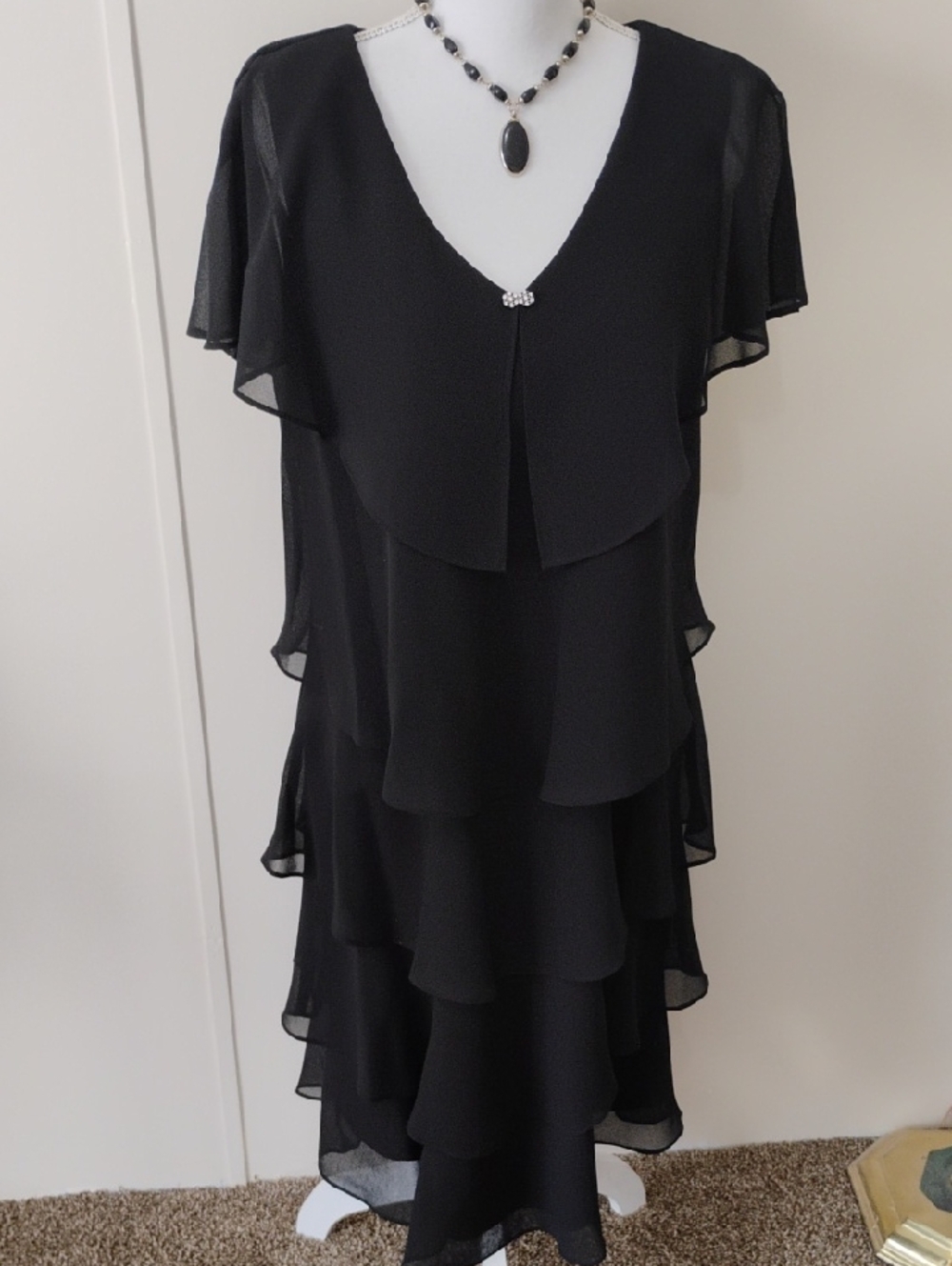 Patra Black Tiered Flutter V-Neck Midi Dress